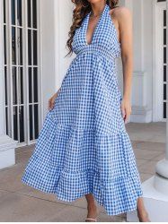 Maxi Robe Ligne A à Carreaux Imprimé Ouvert Au Dos à Taille Haute à Col Plongeant - Bleu L
