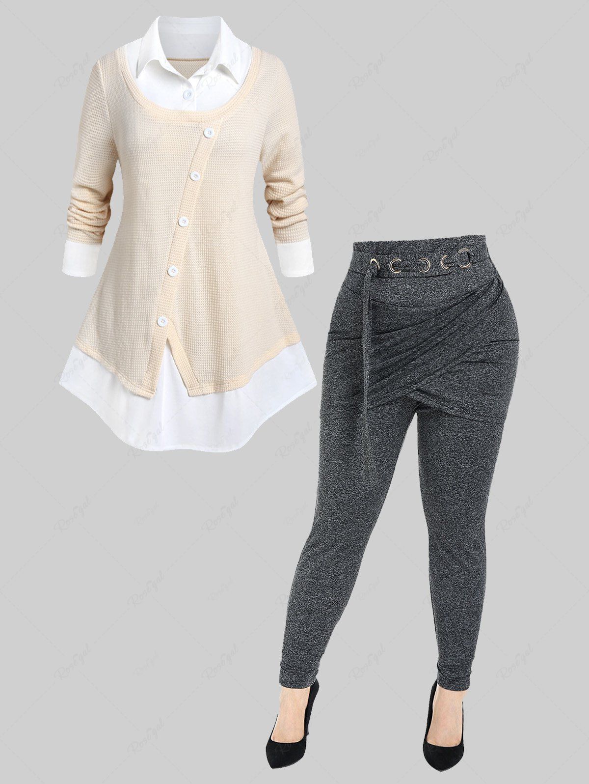 Best Shirt Collar Two Tone Long Sleeves Twofer Sweater and O Ring Heathered Skirted Pants Plus Size Outerwear Outfit  
