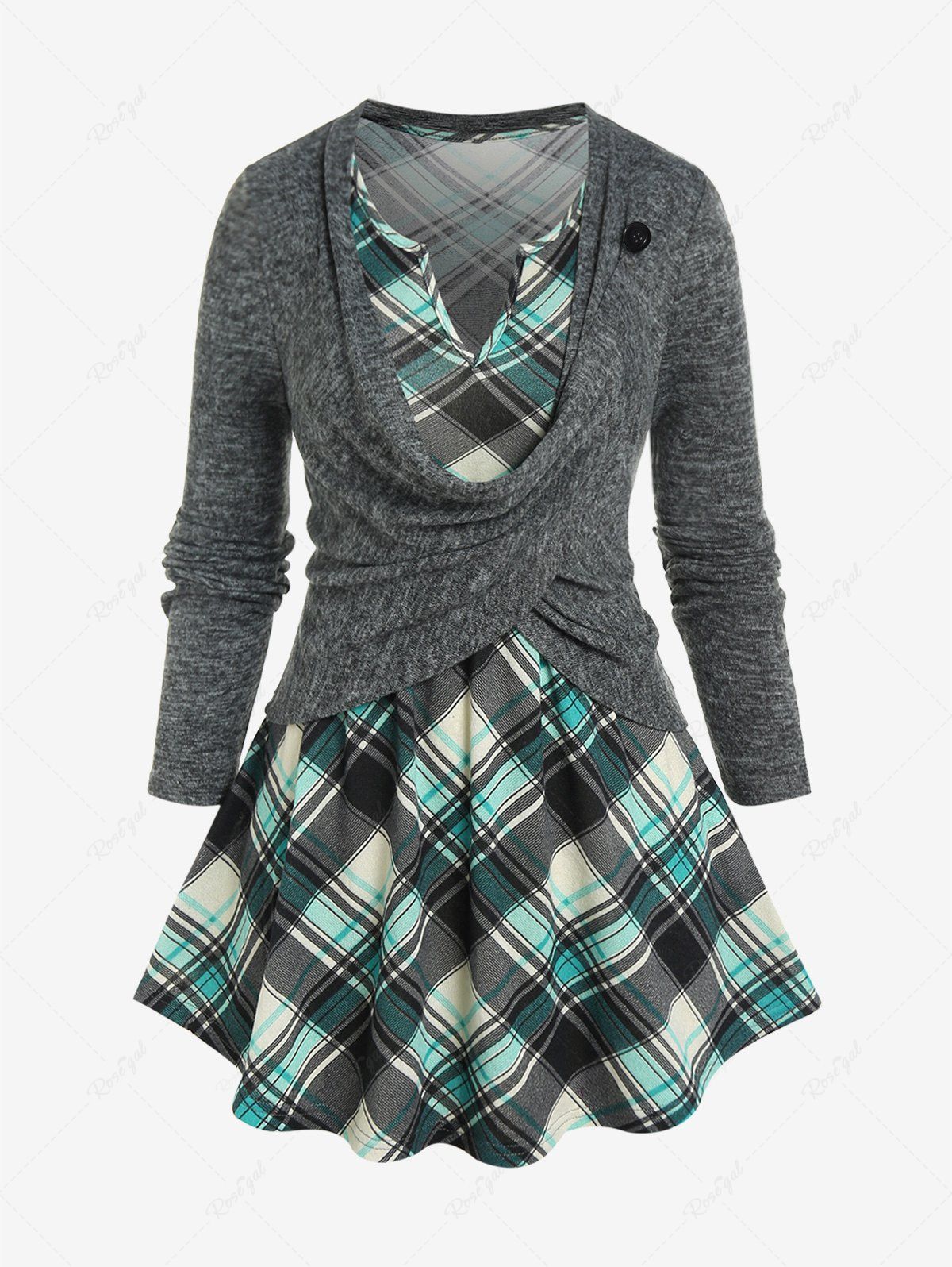 Best Plus Size Marled Convertible Tee and Plaid Tank Top Set  