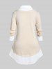 Shirt Collar Two Tone Long Sleeves Twofer Sweater and O Ring Heathered Skirted Pants Plus Size Outerwear Outfit -  
