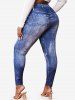 Legging Moulant à Imprimé 3D Fleur à Taille Haute de Grande Taille - Bleu profond 5X
