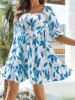 Mini Robe Trapèze Ligne A à Imprimé Feuille Nouée en Arrière à Demi-Manches à Col Carré à Volants - Bleu M