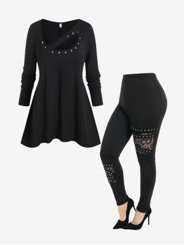 Ribbed Cutout Rivet Tunic Tee and Lace Panel Pants Plus Size Outfit - BLACK