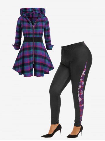 Hooded Plaid Trench Coat and Snowflake Plaid High Rise Leggings Plus Size Outerwear Outfit - PURPLE