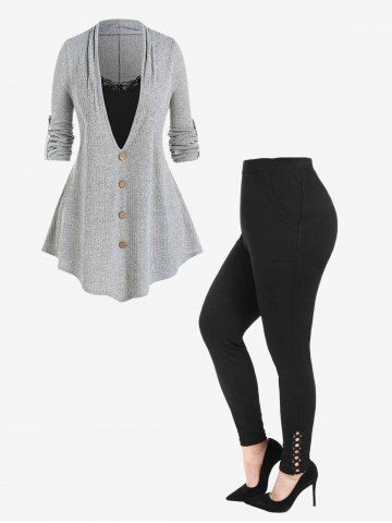 Roll Up Sleeve 2 in 1 Knit Sweater and Hollow Out High Rise Leggings with Pockets Plus Size Outerwear Outfit - LIGHT GRAY