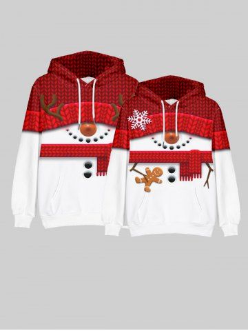 Couples Christmas 3D Elk Gingerbread Printed Front Pocket Pullover Hoodie Matching Set Outfit - RED