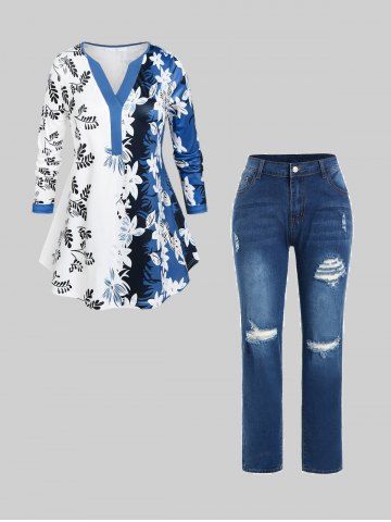 Two Tone Floral Print T-shirt and Ripped Hole High Rise Straight Jeans Plus Size Outfits - BLUE