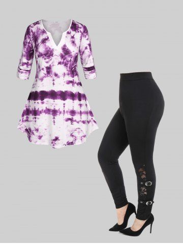 Tie Dye Curved Hem Roll Tab Sleeve Tee and Lace Panel Buckles Flocking Lined Leggings Plus Size Outfits - PURPLE