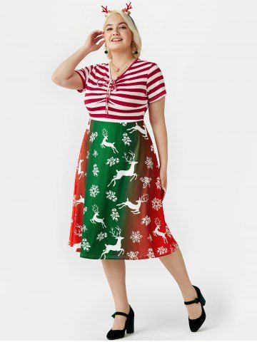 Plus Size Christmas Printed Striped Pin Up Dress