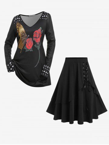 Rose Butterfly Printed T Shirt and Lace-up Double Layered Pull On A Line Midi Skirt Plus Size Outfits