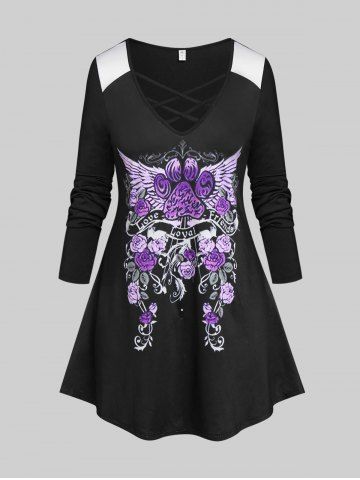 Plus Size Lattice Flower Long Sleeve Tunic Tee
