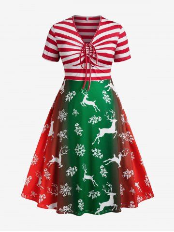 Plus Size Christmas Printed Striped Pin Up Dress - RED - L