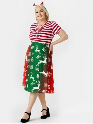 Plus Size Christmas Printed Striped Pin Up Dress