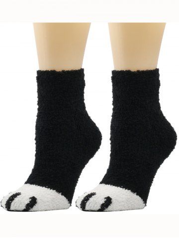 Coral Fleece Striped Cat Paw Crew Socks - BLACK