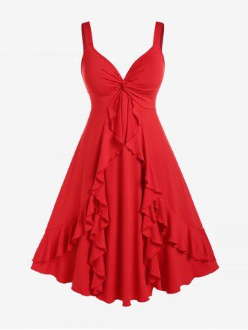Plus Size Valentines Flounce Twist Solid Sleeveless A Line Party Midi Dress - RED - 4X | US 26-28