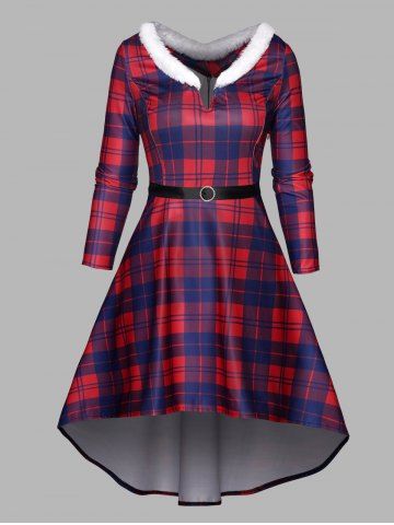 Plaid Print Faux Fur High Low Long Sleeve Dress - RED - S