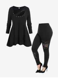 Ribbed Cutout Rivet Tunic Tee and Lace Panel Pants Plus Size Outfit -  