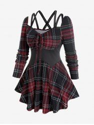 Plus Size Plaid Picot-trim Crisscross Strappy Top -  