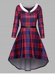 Plaid Print Faux Fur High Low Long Sleeve Dress -  