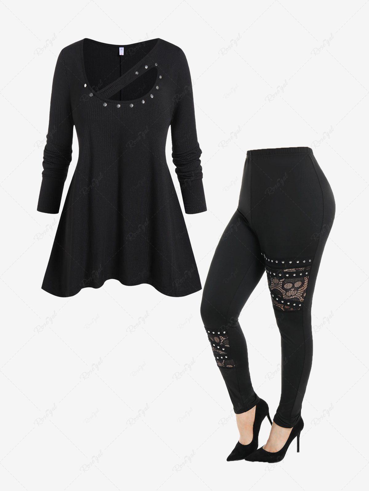 Fashion Ribbed Cutout Rivet Tunic Tee and Lace Panel Pants Plus Size Outfit  