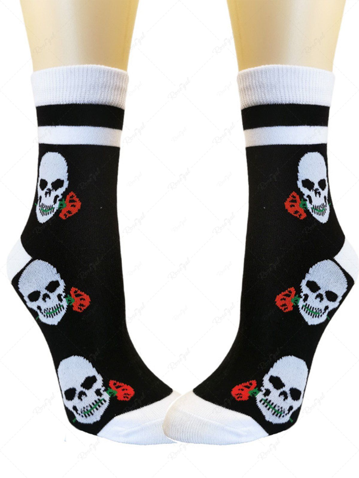 Fancy Gothic Rose Skull Crew Socks  