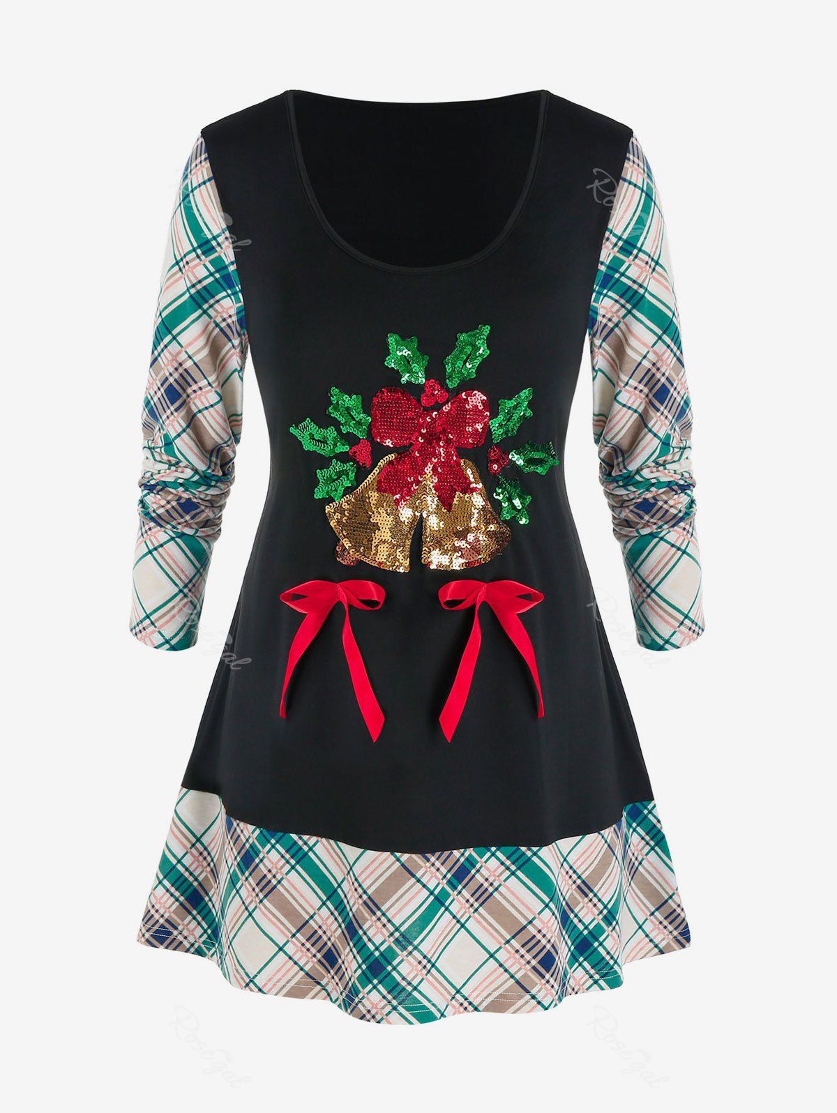 Online Plus Size Christmas Plaid Sequins Bells T Shirt  
