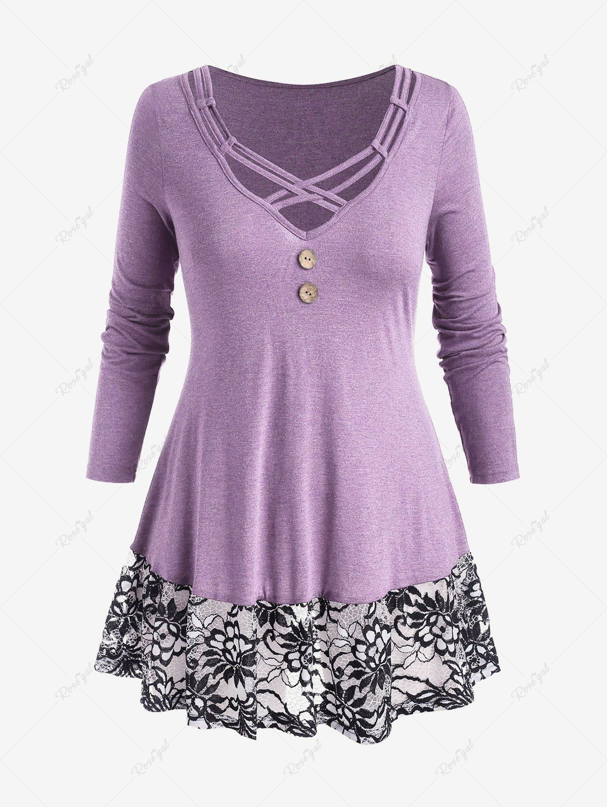 Discount Plus Size Floral Lace Panel Crisscross T-shirt  