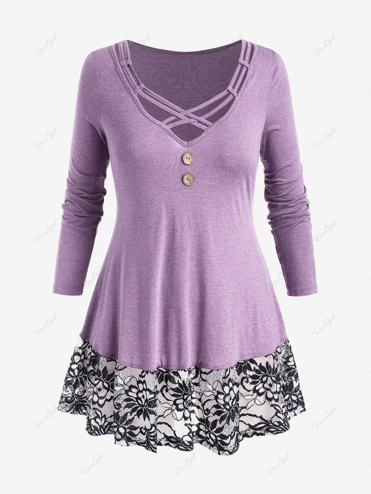 Shop Plus Size Floral Lace Panel Crisscross T-shirt  
