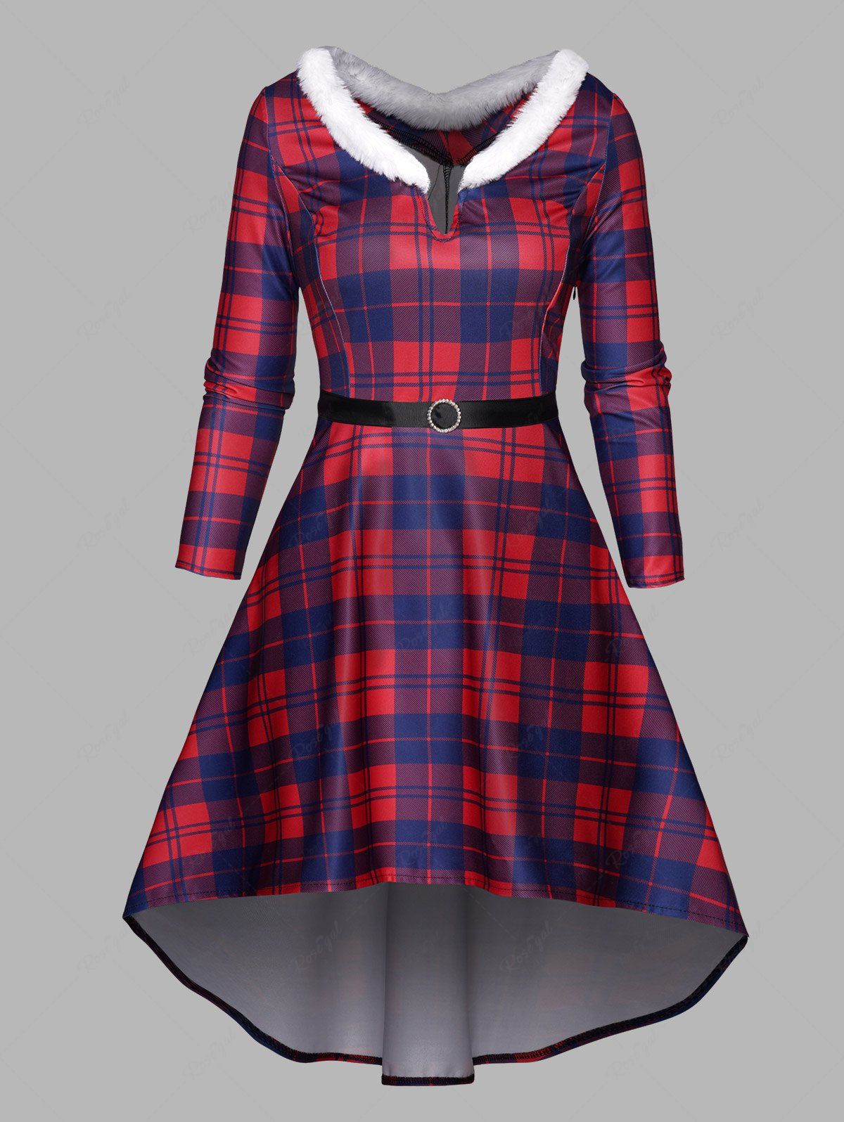 Outfit Plaid Print Faux Fur High Low Long Sleeve Dress  