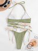 Maillot de Bain Bikini Côtelé Croisé Bicolore à Col Halter - Vert clair L