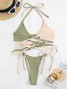 Maillot de Bain Bikini Côtelé Croisé Bicolore à Col Halter - Vert clair L