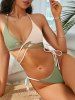 Maillot de Bain Bikini Côtelé Croisé Bicolore à Col Halter - Vert clair L