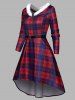 Plaid Print Faux Fur High Low Long Sleeve Dress -  