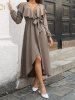 Maxi Robe Superposée Haute Basse Plongeante à Manches Longues à Volants - café L