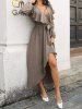 Maxi Robe Superposée Haute Basse Plongeante à Manches Longues à Volants - café L