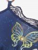 T-shirt Tunique à Epaule Dénudée Panneau en Dentelle Papillon de Grande Taille avec Chaîne - Bleu L