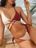 Maillot de Bain Bikini Côtelé Croisé Bicolore à Col Halter - café lumière M