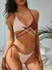 Maillot de Bain Bikini Côtelé Croisé Bicolore à Col Halter - café lumière M