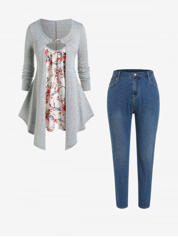 Cutout Floral Print Asymmetric 2 in 1 Tee and Floral Applique Jeans Plus Size Outfits - LIGHT GRAY