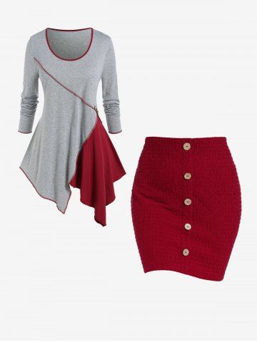 Colorblock Contrast Piping Asymmetric Tee and Mock Button Smocked Mini Bodycon Skirt Plus Size Outfits - RED