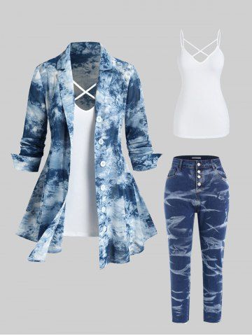 Tie Dye Long Sleeves Shacket and Crisscross Tank Top Set and Button Fly Tie Dye Frayed Jeans Plus Size Outerwear Outfit - BLUE