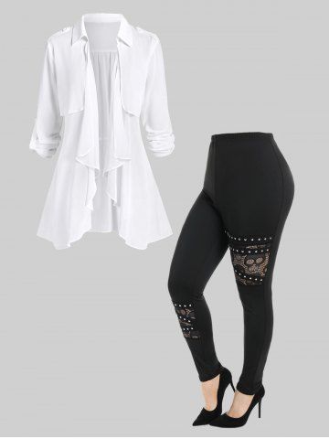 Draped Open Front Tab Roll Up Sleeves Cardigan and Skull Lace Panel Studded Pants Plus Size Outerwear Outfit - WHITE
