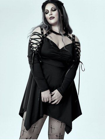 Gothic Choker Lace Up Cutout Handkerchief Dress - BLACK - 1X | US 14-16