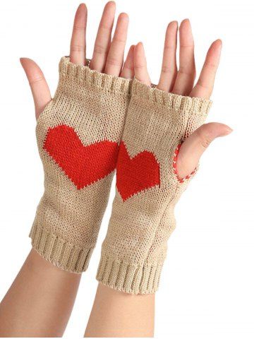Warm Heart Knitted Fingerless Gloves - LIGHT COFFEE