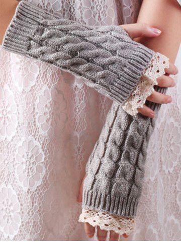 Lace Trim Fingerless Cable Knit Gloves - LIGHT GRAY