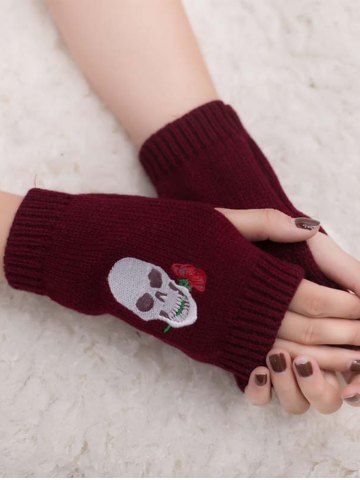 Embroidered Skull Rose Knitted Fingerless Gloves
