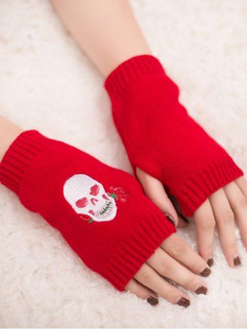 Embroidered Skull Rose Knitted Fingerless Gloves - RED