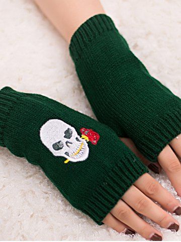 Embroidered Skull Rose Knitted Fingerless Gloves - DEEP GREEN