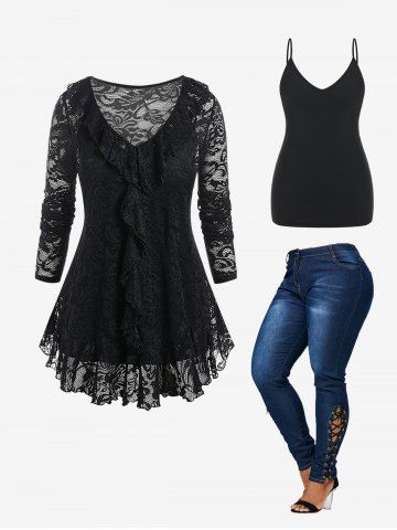 Plus Size Ruffle Sheer Lace Blouse and Camisole Set and Lace-up Jeans Outfit - BLACK