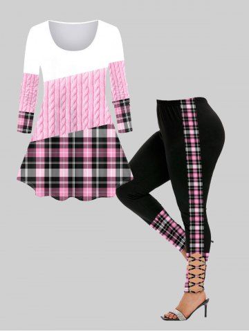 3D Cable Knit Checked Print T-shirt and Leggings Plus Size Outfit - LIGHT PINK